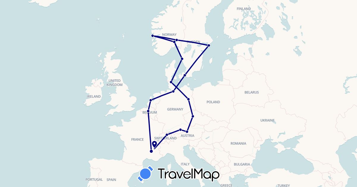 TravelMap itinerary: driving in Austria, Belgium, Switzerland, Czech Republic, Germany, Denmark, France, Netherlands, Norway, Sweden (Europe)